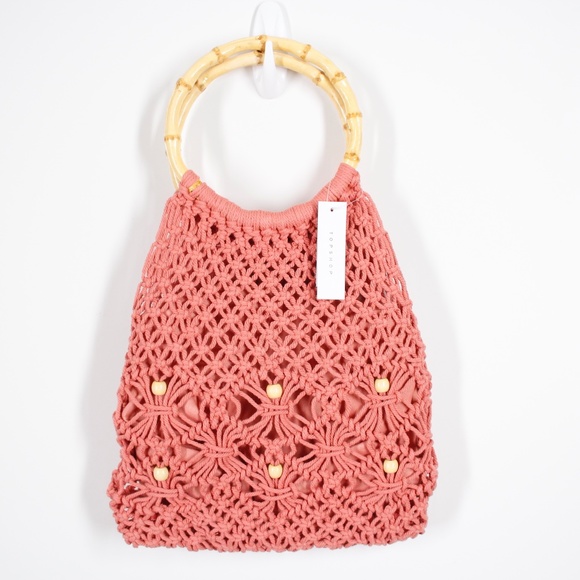 Topshop Handbags - Topshop Coral Macrame Handbag with Bamboo Handle